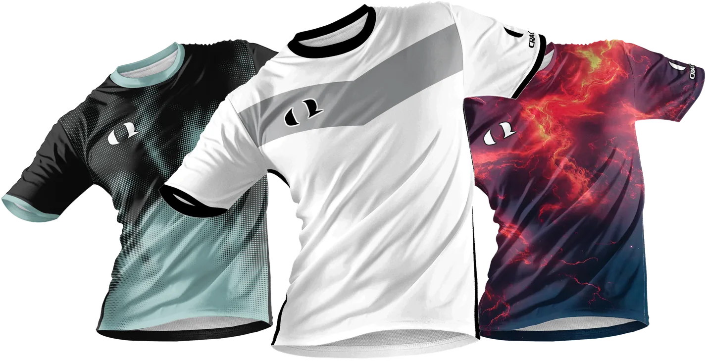 Three custom soccer jerseys designed in Craque Kit Studio: white Chevron, black Digital Fog and Solar Flare wrap print