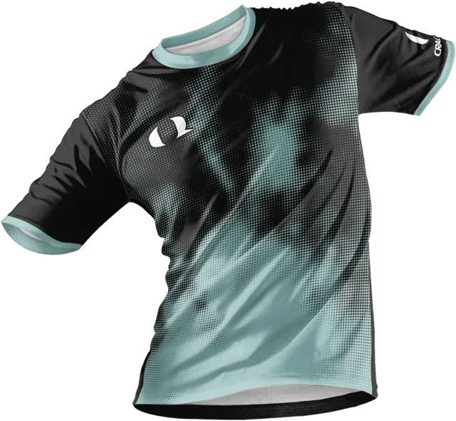 Black custom soccer jersey with teal Digital Fog graphic