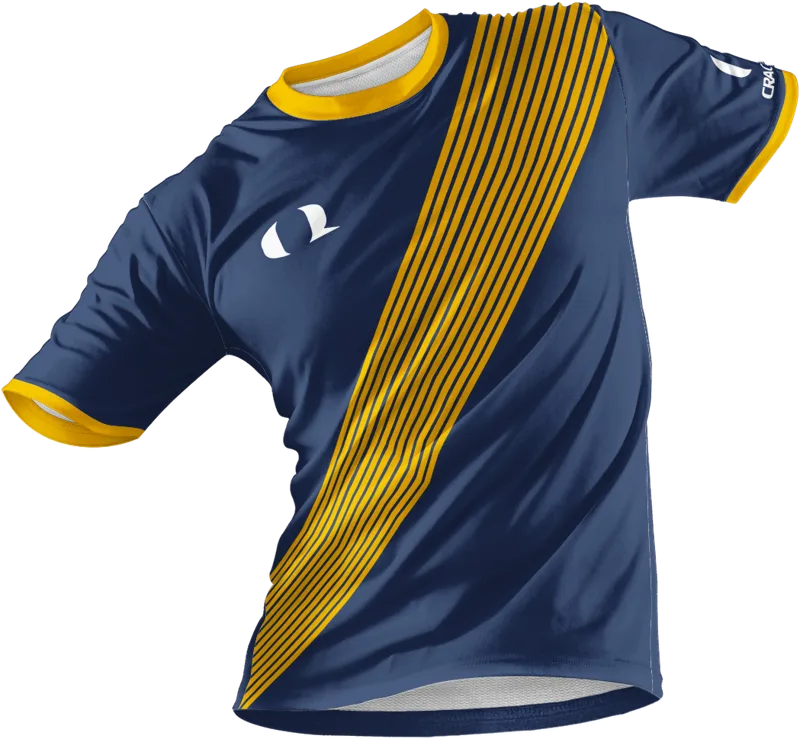 Navy and gold custom soccer jersey with Sash graphic, front view