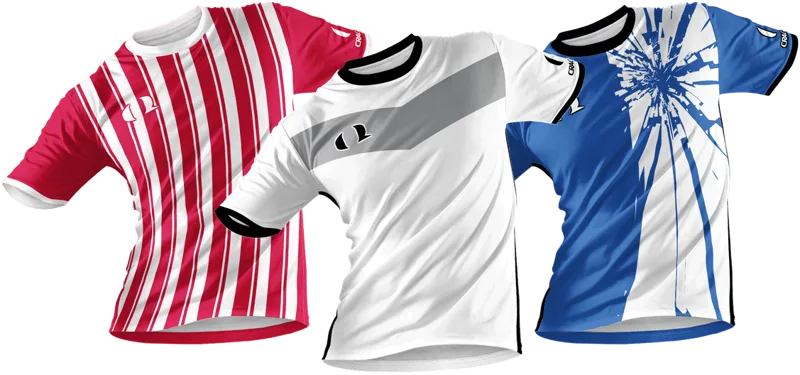 Three custom team soccer jerseys in red, white and royal blue